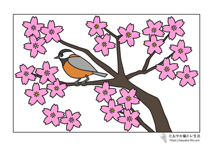 イラスト塗り絵 2 「桜の花と小鳥」の着色例